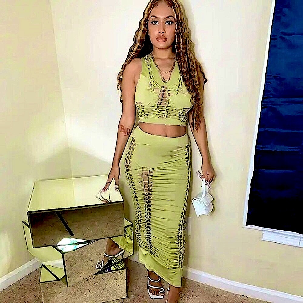 Two piece green hollow out midi dress set - Picture 14 of 16